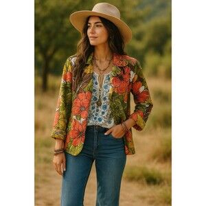 Trenz by Theresa Renz Woman Green Orange Blazer All Over Floral Bohemian Large